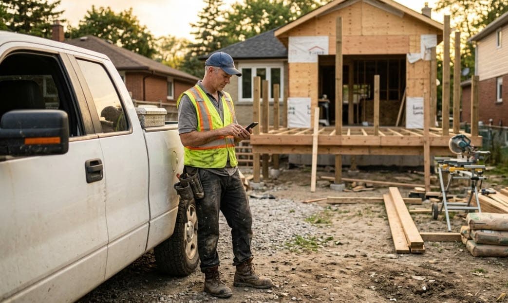 Trade pro checking their phone on a job site